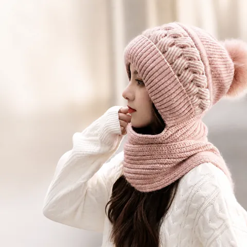 Integrated Knitted Beanie Hat With Scarf Winter Warm Ear Protection Thick Polyester Neck Wrap For Women And Girls Cute Solid