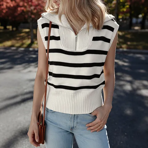 Women Casual Striped Knit Vest Quarter Zip Turn Down Collar Sleeveless Sweater Top Retro Fashion Knitwear For Women