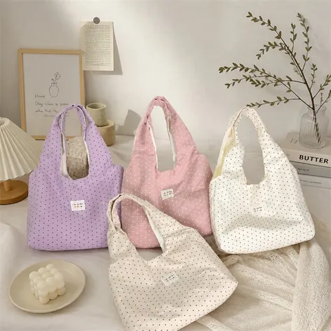 Korean Style Star Dot Print Large Capacity Tote Bag Cotton Fabric Shoulder Bag Minimalist Commuter Handbag Women Fashion Bag