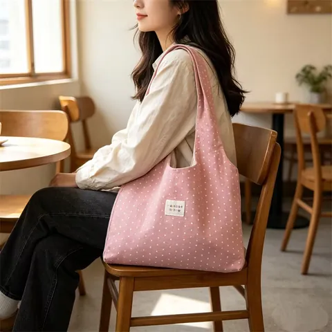 Korean Style Star Dot Print Large Capacity Tote Bag Cotton Fabric Shoulder Bag Minimalist Commuter Handbag Women Fashion Bag