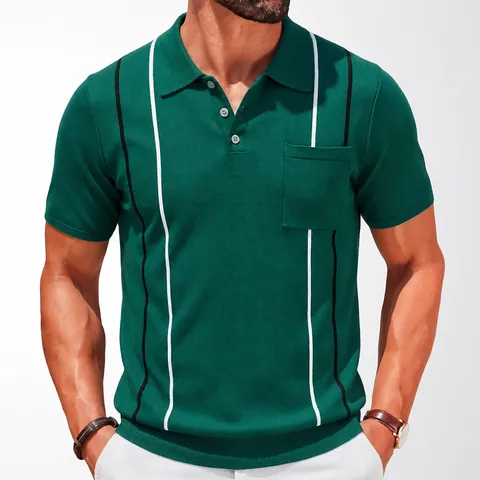 Men Business Casual Viscose Knitted Polo Shirt Contrast Vertical Stripes Patch Pocket Short Sleeve Regular Fit Top
