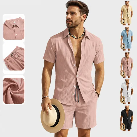 Uomo Estate Casual Poliestere Camicia E Pantaloncini Top E Bottom Tinta Unita Revers Manica Corta Abbottonato Abiti Da Spiaggia Per Uomo