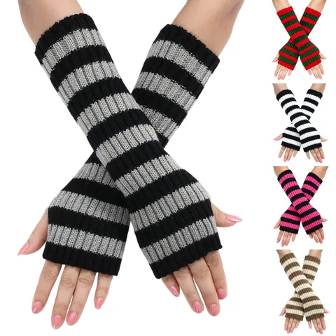 Long Striped Knitted Arm Sleeves Acrylic Fingerless Warm Gloves With Thumb Hole Y2K Gothic Fashion For Women