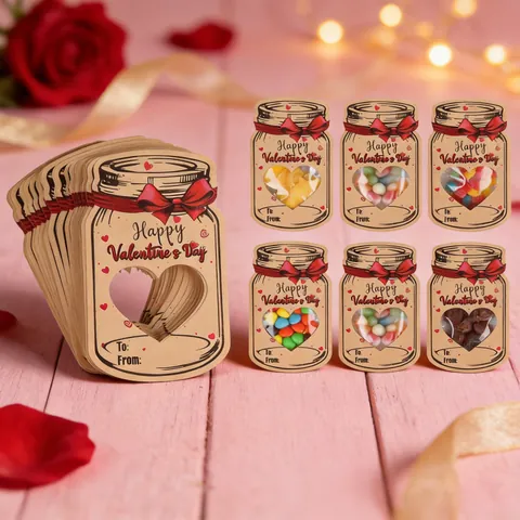 Valentine's Day Mason Jar Greeting Cards Kraft Paper Heart Window Transparent Candy Bags DIY Party Favor Gifts Classroom Exchange