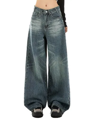 Jeans Femme à Jambe Large Taille Haute Vintage Lavage Bleu Déchiré Droit Ample Pantalon en Jean Streetwear Décontracté