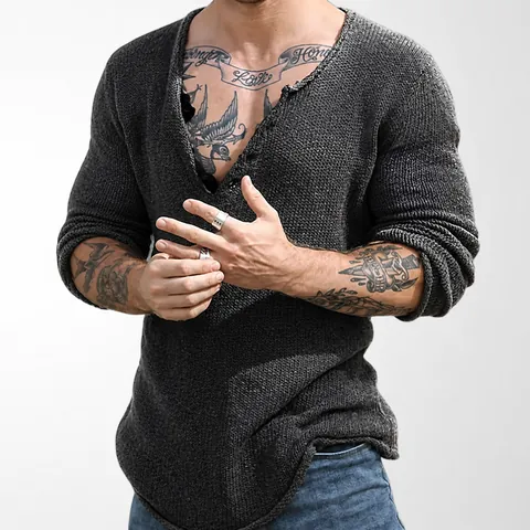 Men Vintage American Distressed V-Neck Knitwear Retro Lazy Style Cotton Blend Long Sleeve Pullover Sweater Thin Knit Top