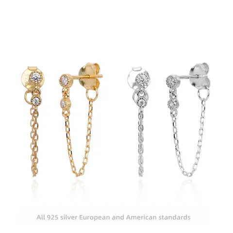 925 Sterling Silver Tassel Chain Stud Earrings For Women Elegant Zirconia Inlaid Plated Drop Earrings Fashion Jewelry Gift