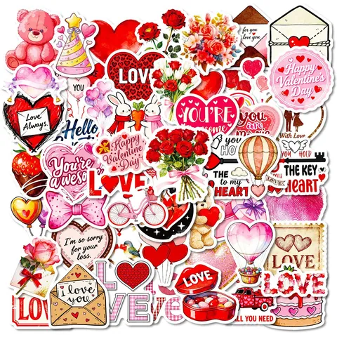 Valentine's Day Cartoon Doodle Stickers Red Heart Rose Flower Waterproof PVC Decals For DIY Scrapbooking Journal Decoration