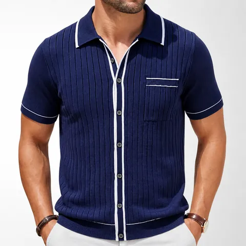 Men's Casual Short Sleeve Knitted Polo Shirt Contrast Piping Ribbed Cardigan Knitwear Button Down Top For Summer Business