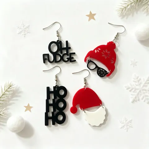 Weihnachts Ohrhänger Acryl Weihnachtsmannmütze Brille Asymmetrisch Oh Fudge Ho Ho Ho Festlicher Schmuck Retro