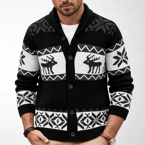 Cardigan in Maglia Jacquard Natalizio da Uomo con Renne e Fiocchi di Neve Collo a Scialle Bottoni Caldo Maglione Top