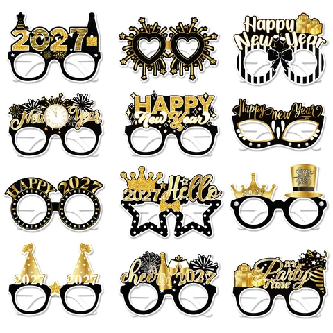 Happy New Year Party Glasses Paper Photo Props Black Gold Glitter 2026 Celebration Holiday Decoration Novelty Eyewear