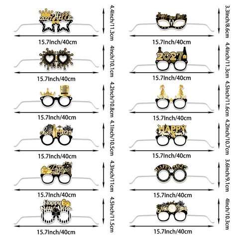 Happy New Year Party Glasses Paper Photo Props Black Gold Glitter 2026 Celebration Holiday Decoration Novelty Eyewear