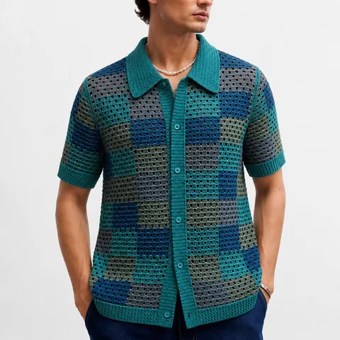Heren Schaakbordpatroon Gehaakt Opengewerkt Gebreid Poloshirt Vintage Vakantiestijl Korte Mouw Acryl Top