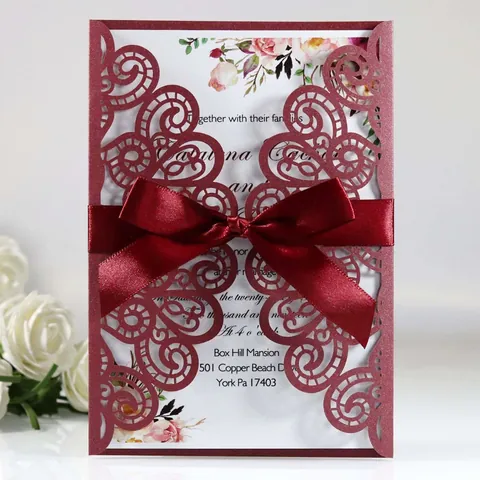 Invitación de Boda Corte Láser Tarjeta Interna Estampado Floral Papel Perlado Tarjeta de Saludo Formal con Lazo de Satén