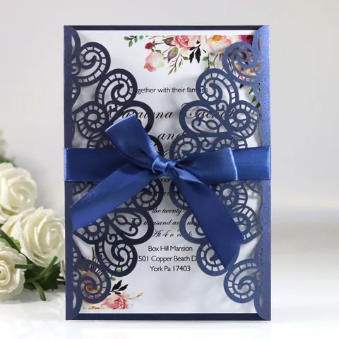 Invitación de Boda Corte Láser Tarjeta Interna Estampado Floral Papel Perlado Tarjeta de Saludo Formal con Lazo de Satén