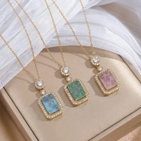 Luxury Rectangular Ice Flower Cut Zirconia Pendant Necklace For Women Stainless Steel Gold Plated Crystal Clavicle Chain Jewelry
