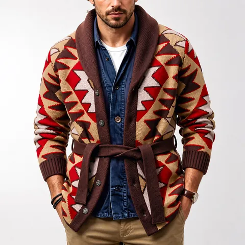 Men Heavy American Geometric Jacquard Knit Cardigan Mid Length Thick Polyester Sweater Coat With Shawl Collar Belt Top