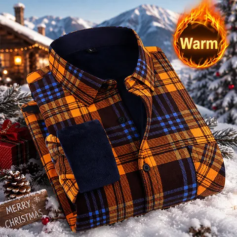 Men's Winter Plaid Long Sleeve Top Brushed Fleece Lined Warm Shirt Casual Business Thick Cold Resistant Checked Shirt