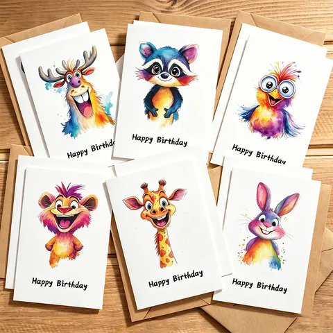 Tarjetas de Felicitación de Cumpleaños de Bosque de Animales de Dibujos Animados Con Sobres Postales de Cartulina para Niños
