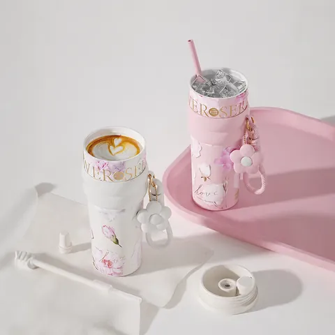 Floral Series Ceramic Liner Vacuum Insulation Cup Large Capacity Portable Car Mounted Straw Cup For Women Office Drinkware