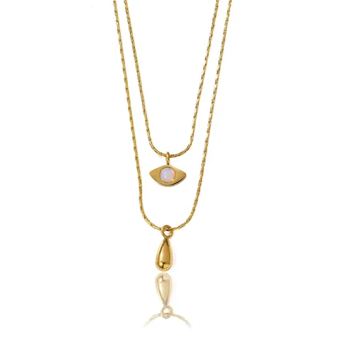 French Retro Elegant Double Layer Stainless Steel Evil Eye Water Drop Pendant Necklace Gold Plated Clavicle Chain For Women