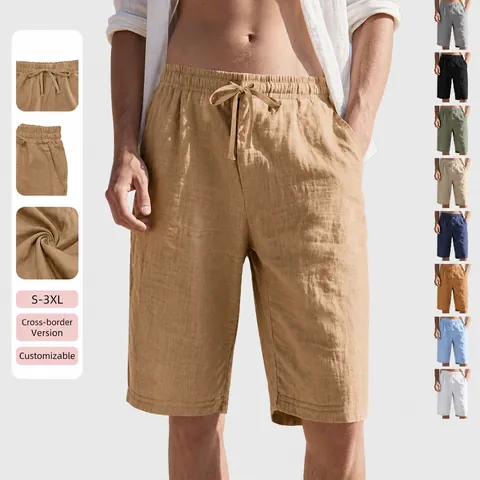 Herren Casual Leinenmischung Shorts Kordelzug Elastische Taille Einfarbig Atmungsaktiv Sommer Strand Gerade Bein Bottom Mode