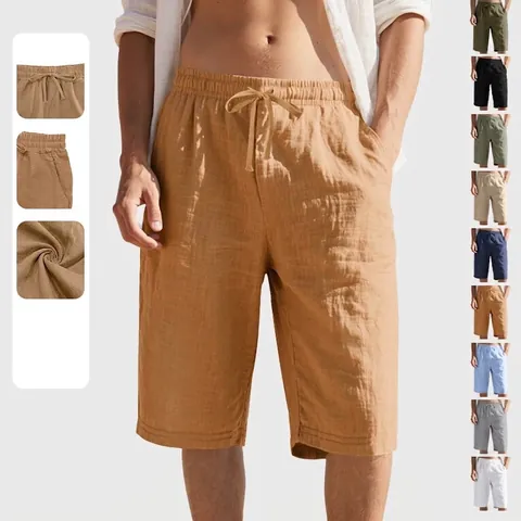 Pantaloncini da Uomo in Misto Lino Casual Coulisse Vita Elastica Tinta Unita Traspiranti Spiaggia Estiva Gamba Dritta Fondo Moda