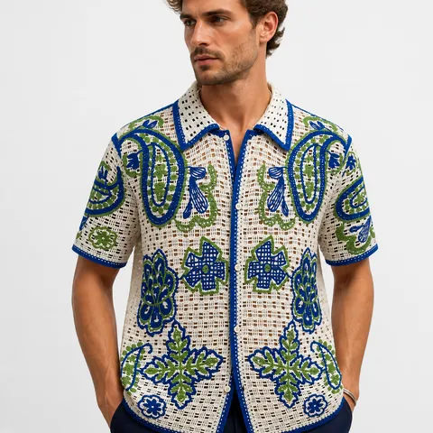 Men Hawaiian Style Hollow Jacquard Knit Cardigan Short Sleeve Polo Shirt Casual Vacation Paisley Floral Button Up Top