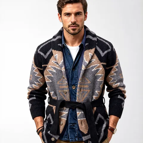 Men's American Retro Geometric Jacquard Knit Cardigan Shawl Collar Thickened Mid-Long Sweater Jacket With Belt Winter SY0075