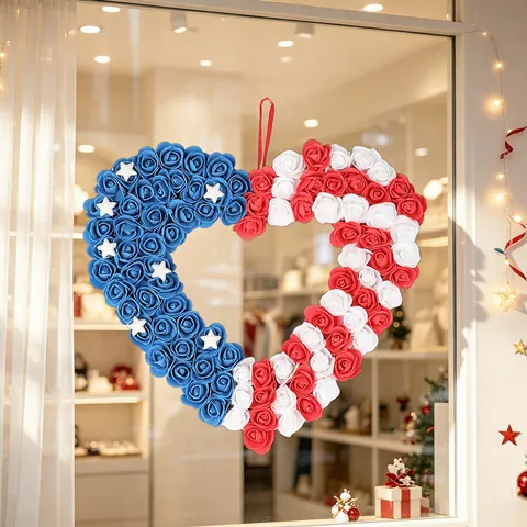 Patriotischer Kranz Amerikanische Flagge Rot Weiß Blau Schaumrose Herz Anker Rund Türbehang Deko Für Unabhängigkeitstag