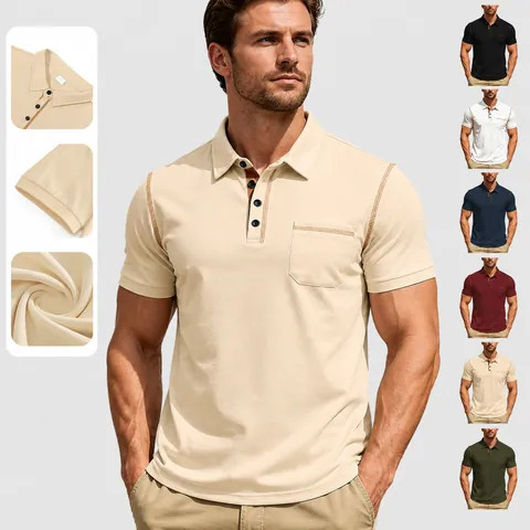 Men's Casual Short Sleeve Polo Shirt Solid Color Contrast Stitching Lapel Top With Chest Pocket Sporty Polyester Shirt