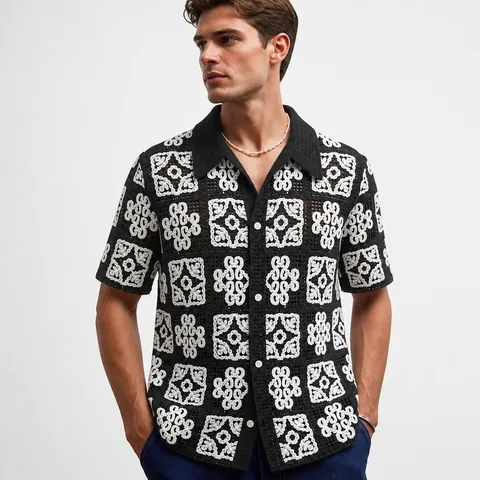 Men's American Retro Crochet Hollow Out Knit Polo Shirt Contrast Black White Grid Pattern Short Sleeve Button Up Top