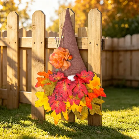 Autumn Harvest Gnome Door Hanging Decoration Fabric Brown Hat Faux Maple Leaves Silk Flowers Thanksgiving Home Wall Decor