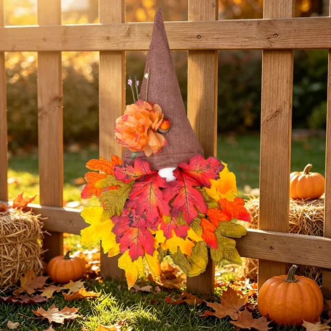 Autumn Harvest Gnome Door Hanging Decoration Fabric Brown Hat Faux Maple Leaves Silk Flowers Thanksgiving Home Wall Decor