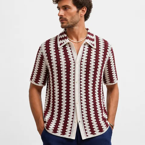 Men's French Retro Striped Knitted Polo Shirt Summer Short Sleeve Hollow Out Crochet Top Casual Acrylic Knit Polo