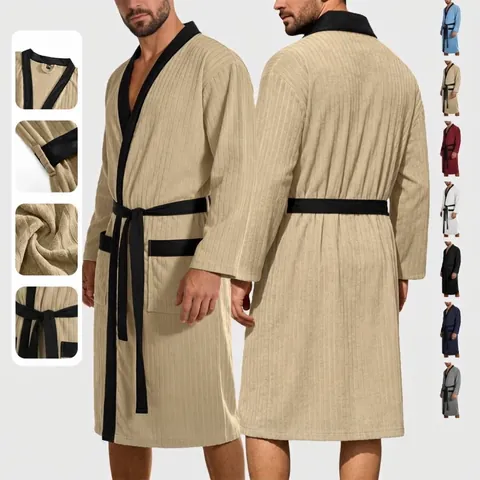 Albornoz Largo de Jacquard para Hombre Poliéster Suave Color Sólido Con Cinturón Ribete en Contraste Ropa de Estar Top