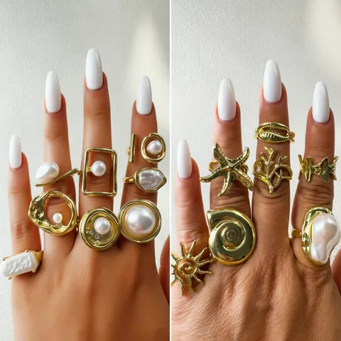 Irregular Alloy Rings Vintage Liquid Metal Geometric Open Adjustable Fashion Jewelry For Women With Artificial Pearl