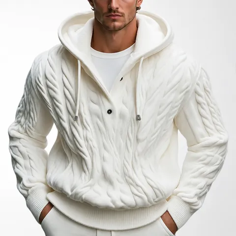 Men American Heavyweight 3D Cable Knit Hooded Sweater Retro Pullover Winter Warm Thick Knitted Hoodie Streetwear Polyester Top