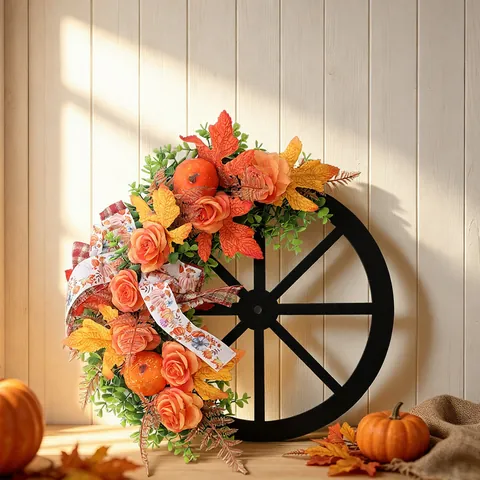 Autumn Wagon Wheel Wreath With Orange Pumpkin Maple Leaves Roses Wooden Frame Harvest Thanksgiving Decor