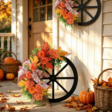 Autumn Wagon Wheel Wreath With Orange Pumpkin Maple Leaves Roses Wooden Frame Harvest Thanksgiving Decor