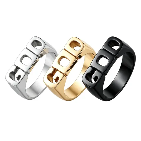 Men Stainless Steel Ring Hollow GOD Letter Cutout Hip Hop Punk Retro Streetwear Jewelry Band