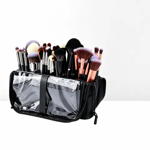 Professional Makeup Brush Bag Large Capacity Portable Cosmetic Organizer Folding Standing Waterproof Transparent Window Polyester PU