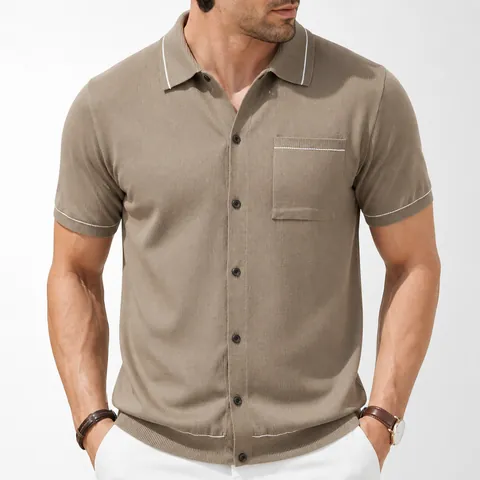 Polo da Uomo a Manica Corta in Maglia di Viscosa Casual Maglione Aperto Top Con Tasca e Rifiniture a Righe a Contrasto Moda Uomo