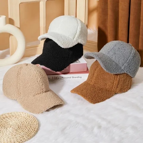 Winter Baseball Cap Warm Teddy Fleece Hat Windproof Adjustable Soft Outdoor Casual Solid Color Unisex