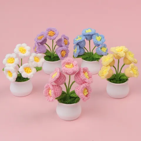 Handmade Crochet Flower Potted Plant Yarn Lily Of The Valley Desktop Ornament Artificial Floral Decor Gift For Home Office
