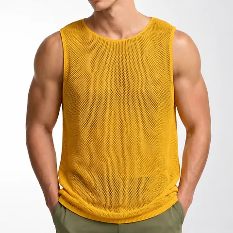 Men's Summer Mesh Hollow Out Sports Vest Quick Dry Breathable Elastic Knitted Sleeveless Top Gym Fitness Training Casual Top