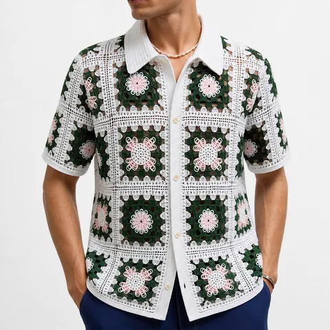 Polo da Uomo Retrò All'uncinetto a Mano Vintage Granny Square In Maglia Manica Corta Top con Bottoni Summer Casual Beach Wear