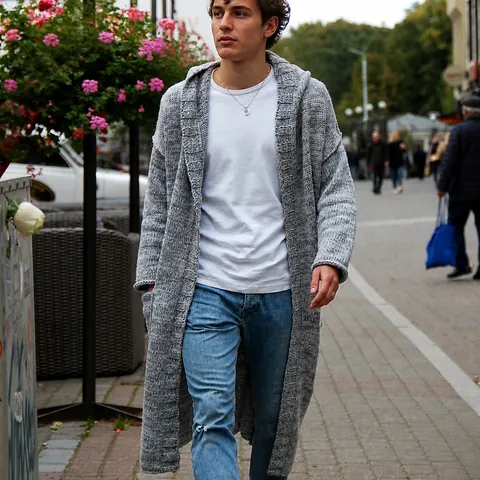 Men Long Hooded Knit Cardigan Retro Loose Fit Jacquard Open Front Sweater Coat Autumn Winter Warm Polyester Top
