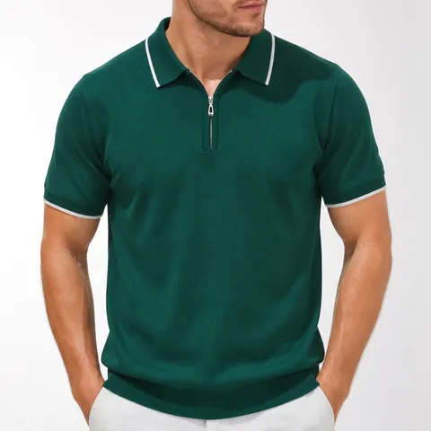 Men Business Casual Viscose Knitted Polo Shirt Half Zipper Contrast Stripe Trim Short Sleeve Thin Summer Top